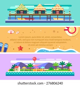 Beach summer landscape. Tourist huts on the coast, tourist village near the mountains. Vacation, relaxation, ocean, boats, sun, palms.
Vector flat illustration