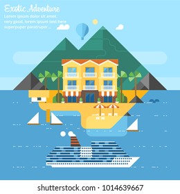 Paisagem de verão da praia. Férias, relaxamento, oceano, sol, palmeiras. Ilustração plana vetorial. Melhor edifício de hotel na ilha, melhor escolha. Cruzeiro no navio.