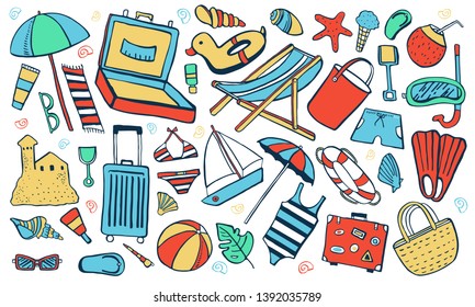 Beach summer objects color vector outline hand drawn illustration set on white background