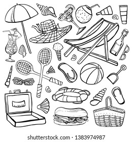 Beach summer objects vector outline hand drawn illustration set black on white background