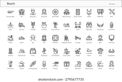 Beach Summer Ocean Vacation Tropical Icon Set Vector