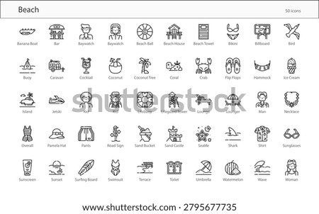 Beach Summer Ocean Vacation Tropical Icon Set Vector