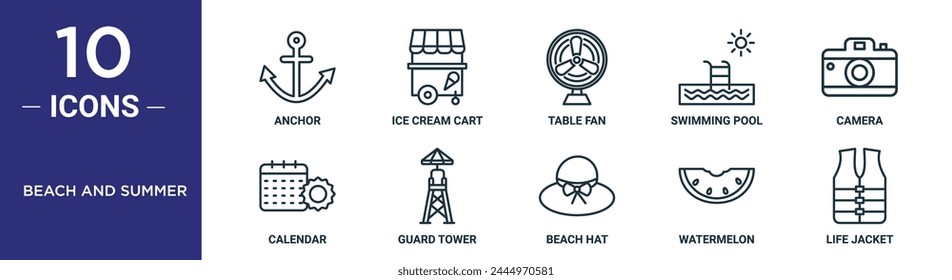 el conjunto de iconos de contorno de playa y verano incluye anclaje de línea delgada, Carrito de helado, ventilador de mesa, piscina, cámara, calendario, iconos de torre de guardia para informe, presentación, diagrama, Diseño web