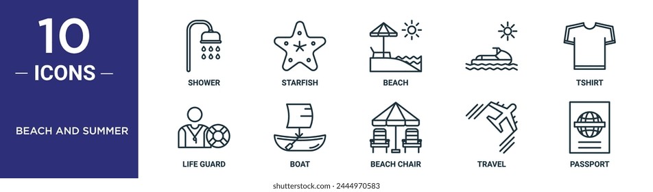 beach and summer outline icon set includes thin line shower, starfish, beach,  , tshirt, life guard, boat icons for report, presentation, diagram, web design