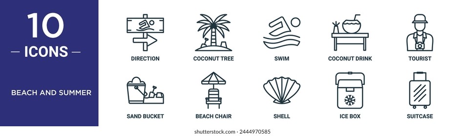 Strand- und Sommer-Umriss-Icon-Set enthält dünne Linie Richtung, Kokosbaum, Schwimmen, Kokosgetränk, Tourist, Sandeimer, Strandstuhl-Icons für Bericht, Präsentation, Diagramm, Webdesign