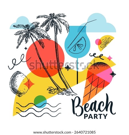Beach summer party banner, bar menu or club poster design template. Modern vector colorful collage with sketch palm, cocktail, lemons and ice cream