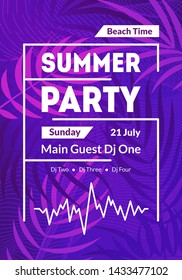 Beach Summer Party Card Poster Banner on a Palm Leaf Background Tropical Season Celebration Concept. Vector illustration of Invitation