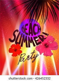 Beach summer party poster with spotlight beams and palm tree silhouettes. Vector illustration.