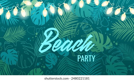 Playa Fiesta de Verano Fondo tropical con palmeras, hojas y luces de fiesta colgantes. Texto de fiesta en la playa, tarjeta para el evento de temporada de vacaciones de verano. Anuncio exótico de la fiesta de la selva, volante, anuncio