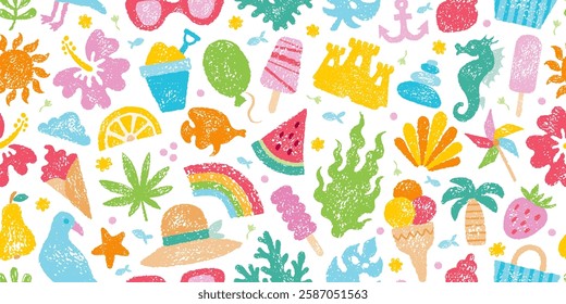 Beach summer pattern. Sea seamless bg. Crayon element background with palm, sun, sand castle, algae, ice cream, shell, rainbow, pinwheel. Boho abstract travel seamless pattern with summer sea beach