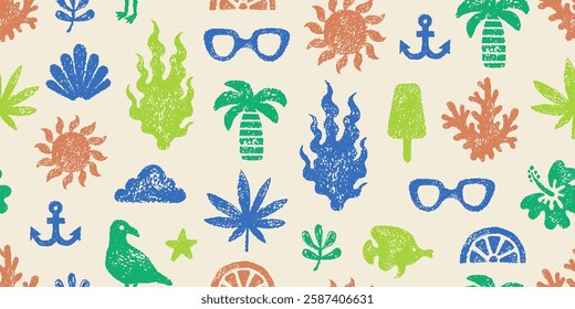 Beach summer pattern. Sea seamless bg. Crayon element background with palm, sun, sunglasses, algae, coral, shell, leaf flower, anchor. Boho abstract travel seamless pattern with summer sea beach