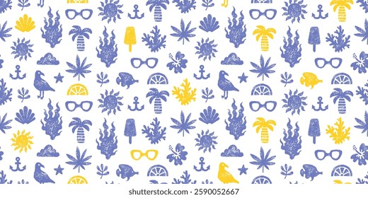 Beach summer pattern. Sea seamless bg. Crayon element background. Palm, sun sunglasses, algae, shell, leaf flower, anchor. Blue and lemon yellow boho abstract travel seamless pattern. Summer sea beach