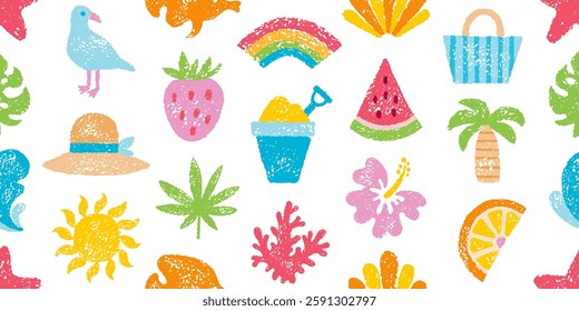 Beach summer pattern. Sea seamless bg. Crayon element background with palm, sun, watermelon, straw hat, flower, shell, rainbow. Kid boho abstract travel seamless pattern. Crayon child summer sea beach