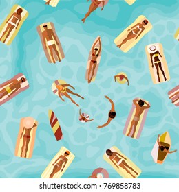 Beach summer pattern. Surfing and swiming people