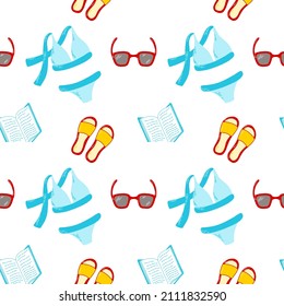 Beach summer pattern with vector illustrations: bikini, sunglasses, flip flops, book in blue, red and yellow colors. Nice illustration for wrapping paper, fabric, textile, background.