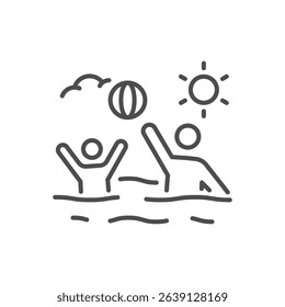 Beach summer play icon. thin line vector illustration of kids playing ball in water, editable stroke