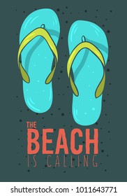 Beach Summer  Poster Design With Flip Flops Slippers Beach Shoes Hand Drawn  Illustrations. Vector Graphic.