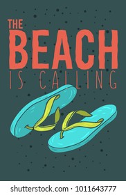 Beach Summer  Poster Design With Flip Flops Slippers Beach Shoes Hand Drawn Illustrations. Vector Graphic.