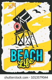Beach Summer  Poster Design With Beach Lifeguard Rescue Tower  Illustration. Vector Graphic.