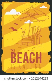 Beach Summer  Poster Design With Beach Lounge Deck Chair Sunbed Beach Umbrella And A Glass Of Beverage  Illustrations. Vector Graphic.