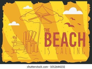 Beach Summer  Poster Design With Beach Lounge Deck Chair Sunbed Beach Umbrella And A Glass Of Beverage  Illustrations. Vector Graphic.