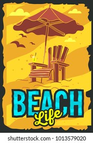 Beach Summer  Poster Design With Beach Lounge Deck Chair Sunbed Beach Umbrella And A Glass Of Beverage  Illustrations. Vector Graphic.