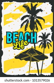 Beach Summer Poster Design With Palm Trees And Beach Umbrella  Illustration. Vector Graphic.