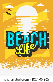 Beach Summer Poster  Design With Sunrise Above The Water Illustration. Vector Graphic.