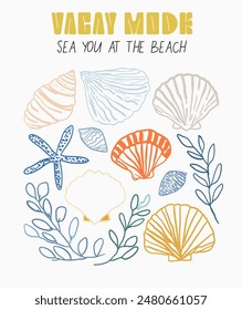 Beach summer quote with sea shells and seaweed grass botanicals doodle illustrations