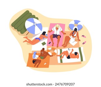 Beach summer relax. Friends group gathered for sunbathing, resting together on vacation. Holiday leisure time, relaxation at sea resort, top view. Flat vector illustration isolated on white background