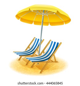 Beach summer resort with deck chairs and umbrella cartoon vector illustration 