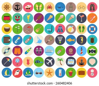 beach and summer rest colorful icon set on rounded pads. Traveling, tourism, vacation theme.