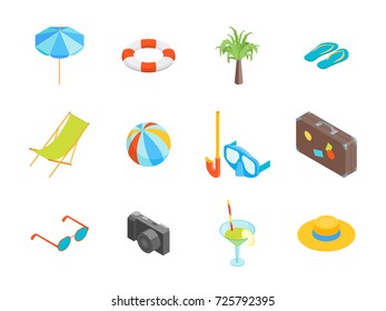 Beach Summer Rest Icon Set Isometric View Tourism Cruise and Leisure Concept. Vector illustration of Elements Travel Coast Sea