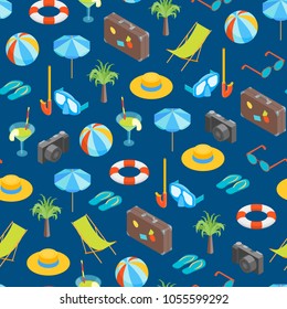 Beach Summer Rest Seamless Pattern Background on a Blue Isometric View Tourism Cruise and Leisure Concept. Vector illustration of Elements Travel Coast Sea