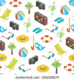 Beach Summer Rest Seamless Pattern Background Isometric View Tourism Cruise and Leisure Concept. Vector illustration of Elements Travel Coast Sea