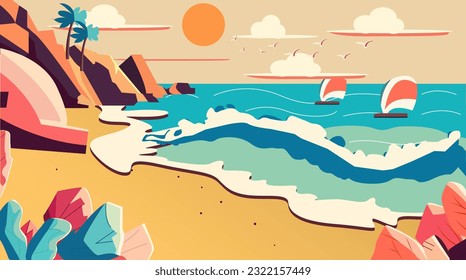 Beach summer with rock mountain landscape vector