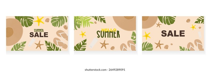Beach Summer Sale and Hello Banners with Tropical Leaves and Flip Flops