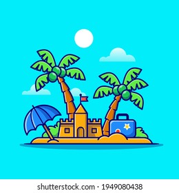 Beach Summer, Sand Castle And Coconut Trees Cartoon Vector Icon Illustration. Summer Nature Icon Concept Isolated Premium Vector. Flat Cartoon Style