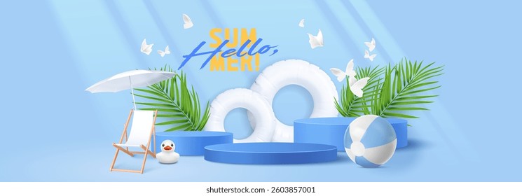 Beach summer scene with blue podium display, white inflatable rings and butterflies, umbrella and palm leaves, rubber duck, beach ball and lounge chair. Product showcase mock up of tropical vacation.
