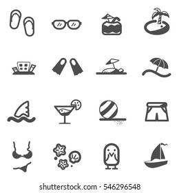 beach summer sea line flat icon set vector