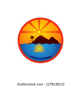 beach summer sea logo with ocean palm tropical island logo design concept orange graphic blue