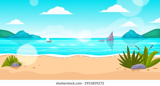 Beach summer sea vector landscape, ocean background, rocks, boat, sand, tropical island, plants. Holiday vacation exotic travel banner, sun flare, clouds, surf. Beach landscape, paradise trip concept