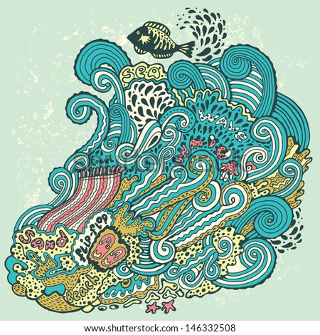 Beach. Summer. Sea. Waves. Marvelous pun and scribble