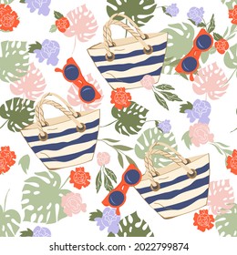 Beach summer seamless pattern design with beach bag and sunglasses. Travel and summer sea vacation decorative endless pattern or repeatable texture, flat vector illustration.