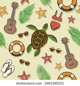 Beach Summer Seamless Pattern Illustration with turtle, guitar, and summer objects