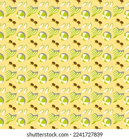 Beach summer seamless pattern on a yellow sand background with flip flops, sun hat, beach ball and sunglasses vector