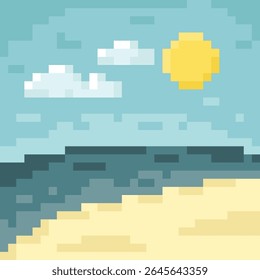 Beach, summer season. Vector background in 8 bit style