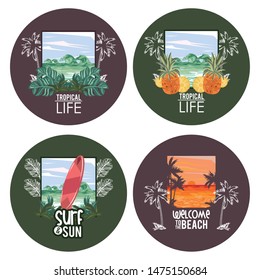 Beach and summer set of cards collection, beach and vacations. vector illustration graphic design.