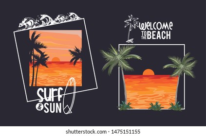 Beach and summer set of cards collection, beach and vacations. vector illustration graphic design.