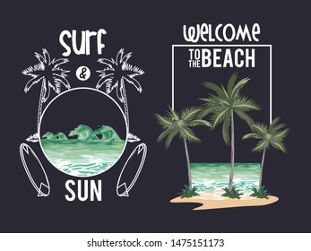 Beach and summer set of cards collection, beach and vacations. vector illustration graphic design.